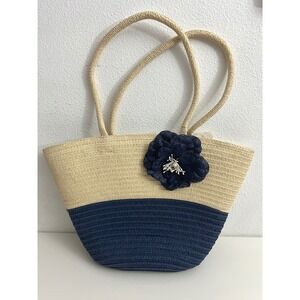 Unbranded Woven Straw Tote Bag Navy Blue Beige Flower Accent Beach Bag
